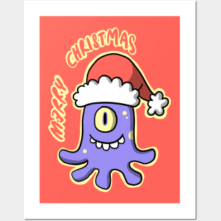 Cute Alien Cartoon with Santa's Hat Posters and Art